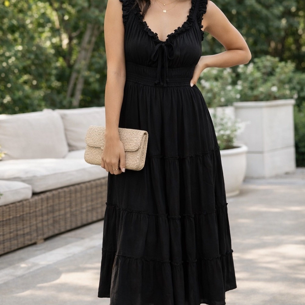 No Boundaries Black Midi Dress M Ruffle Tiered Casual Chic - Picture 2 of 6